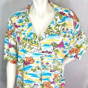 Vintage 1990s Erika Tropical Camp Shirt L-XL Button Up Casual Hawaiian Beach